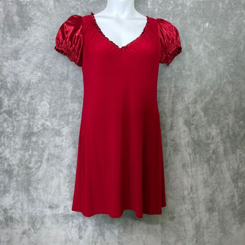 Cottage core Satin Puff Sleeve Dress  Baby doll v-neck Women L  Red  Stretch